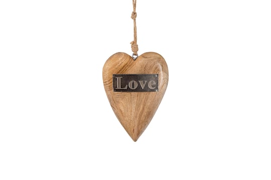 Mango Wood Hanging Heart with Metal Love